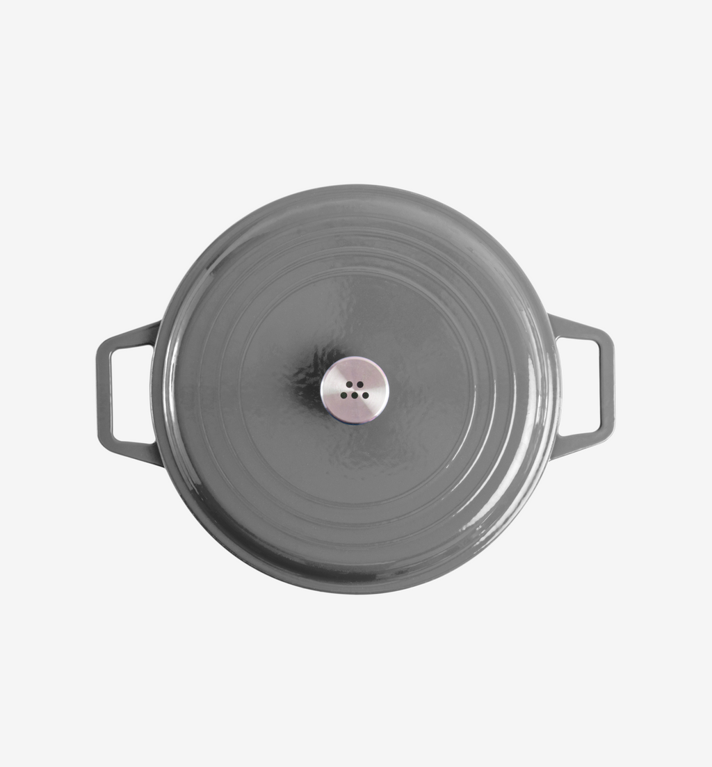 Gray enameled cast iron Dutch oven with stainless steel lid knob, top view